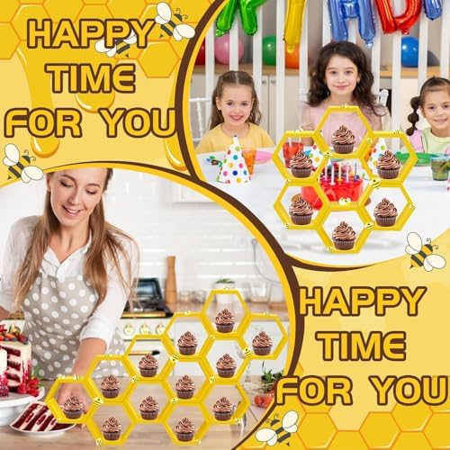 12 Pcs 4.13 Inch Honeycomb Cupcake Stand Cake Farmhouse Hexagon Display Holder Hexagonal Wood Cupcake Stand Floating Table Sign with Wooden Bee for Baby Shower Birthday Party Table Decorations - Image 5
