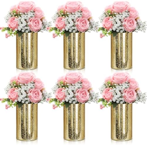 Suncalla 6 Sets Gold Cylinder Vases Artificial Peony Candle Holders, Pink by Unknown