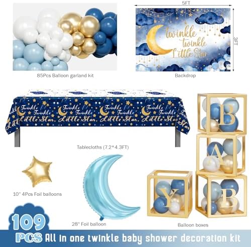Twinkle Twinkle Little Star Baby Shower Decorations, Blue Stars and Moon Party Decoration with Balloons Garland Baby Boxes Backdrop Tablecloth - Image 2