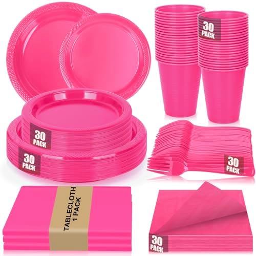 Hot Pink Plastic Party Plates Set 30 Guest Disposable Pink Party Supplies by UseOnceDoneRight