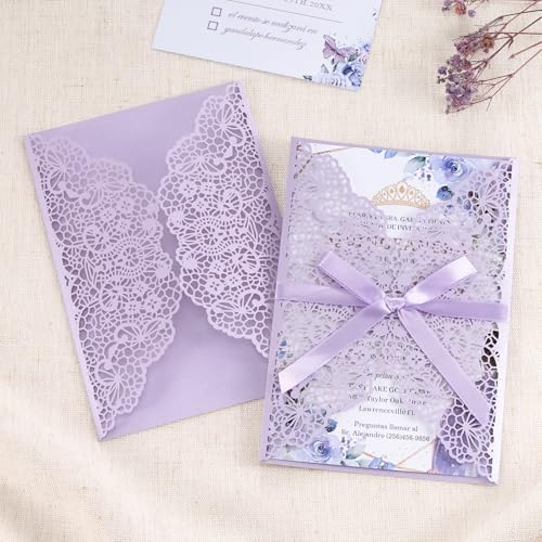 Purple Wedding Invitation Cards 50pcs Blank Inner Sheets Pre-tied Ribbons - Image 3