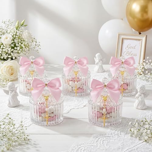 Chuangdi 12 Sets 48 Pcs Baptism Favors for Guests Crystal Candy Bowl Gifts with 12 Pcs Cross Rosary for Baptism Decorations Wedding Baby Shower Party Supplies First Communion (Pink) - Image 2