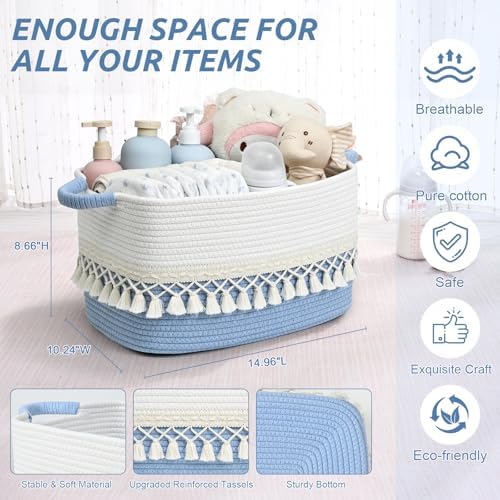2 Pack Storage Basket, Heavy Tassel Woven Baskets for Storage, Boho Cotton Rope Storage Bin, Cube Organizer Bins, Baby Laundry Basket for Clothes, Toys, Diapers, Pets（White & Blue） - Image 3