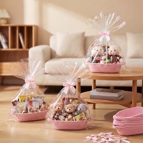 Pink 12 Set Small Woven Gift Basket with Gift Bags Ribbons Empty Gifts Baskets Woven Rope Storage Basket with Handles for Birthday Baby Shower Nursery Toy Organizer 9.1"x 5.1" x 2.8" - Image 3