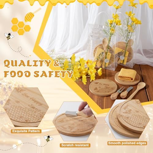 6 Sets Bee Baby Shower Prizes for Game Winners, Round Bamboo Cheese Board Gift Set with Yellow Daisy Towel Tag for Bridal Shower Wedding Guest Favors - Image 4