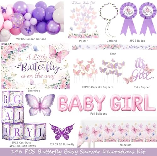 Party Inspo Butterfly Baby Shower Decorations for Girl – 146 PCs A Little Butterfly Is on Her Way Baby Shower Party Supplies Includes Purple & Pink Balloons, Backdrop, Cake Topper, Sash, Badges - Image 2