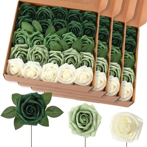 100 Pcs Artificial Rose Flowers, Gradient Green by Luinabio