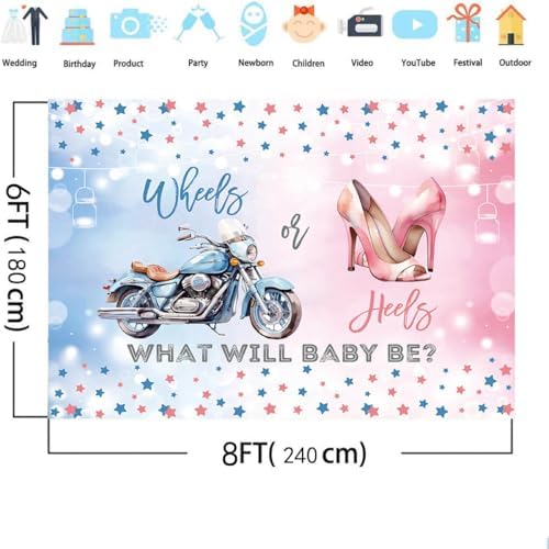 MEHOFOND 8x6ft Wheels or Heels Gender Reveal Backdrop Boy or Girl What Will Baby Be Decorations Banner Motorcycle and High Heels Gender Reveal Baby Shower Photography Background Cake Table Supplies - Image 4