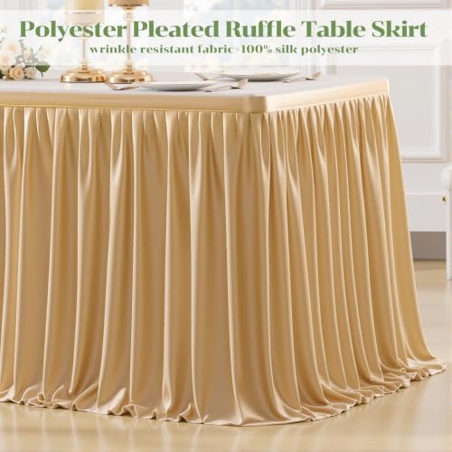 Partisky Champagne Polyester Table Skirt for Rectangle Tables 14ft, Wrinkle Resistant Pleated Ruffle Table Cloth for Banquet Wedding Display Dining Table - Image 5