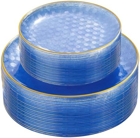 Festiva 60PCS Clear Blue Gold Plastic Plates - Heavy Duty Fancy Disposable Plates With Gold Rim -serve for 30 guests Include Each 30PCS 10.25" & 7.5" Honeycomb Design Plates for Party(Blue) by Festiva