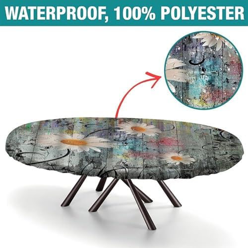 Colorful Daisies on Textured Background Print Oval Tablecloths Stain Resistant Oilproof Elastic for Dining/Party/Buffet/Wedding Fits for 48" x 68" Oval Table - Image 2