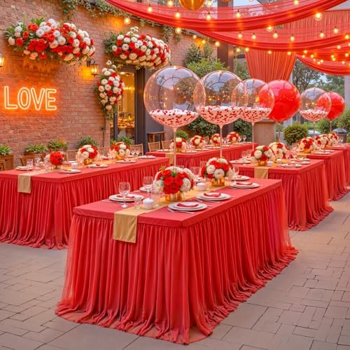 4 Pack 8ft Red Table Cloths Rectangle Tulle Tablecloth Fitted Red Tablecloths for 8 foot Rectangle Tables Spandex Table Covers for Parties Wedding Birthday Buffet Banquet Desk Tables Skirt - Image 3