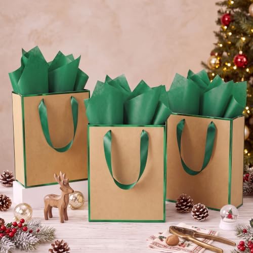 Yeaqee 50 Pack Metallic Paper Gift Bag Bulk with Handle, Kraft, Green - Image 5