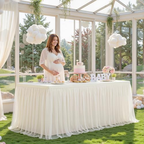 Ivory Table Cloths 6 Foot Rectangle Tulle Table Skirt Rectangle Tables 6ft Fitted Spandex Table Covers Stretch Elastic Banquet Birthday Party Baby Shower Cream Ivory Tablecloth Wedding Table Cloths - Image 2