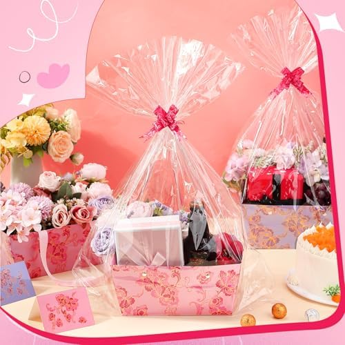 Kolldenn 24 Set Floral Empty Gift Basket to Fill 9.8 x 6.5'' Spring Flower Bouquet Box with Handles Bows Plastic Bags and Card for Tea Party Wedding Arrangement Wrapping - Image 5