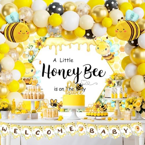 Party Inspo Bee Baby Shower Decorations, Bumble Bee Baby Shower Decor, A Little Honey is On The Way Backdrop Balloon Banner Tablecloth Cake Cupcake Topper Box Sash Cutouts - Image 5