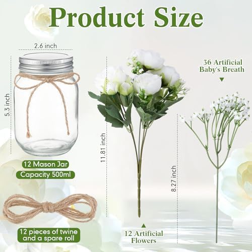 Zeyune 12 Sets Mason Jar Flowers Centerpiece Table Decorations,White - Image 4