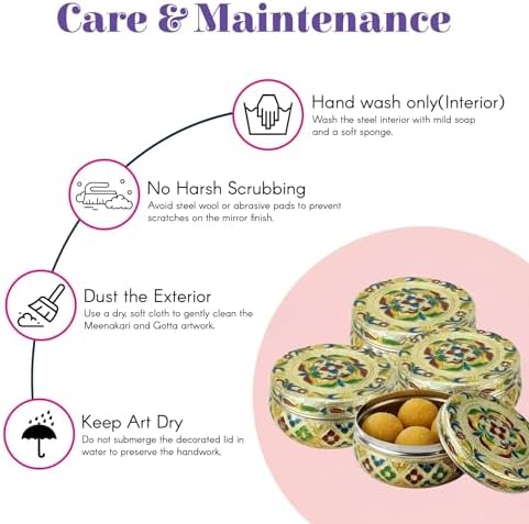 LOVENSPIRE Meenakari Stainless Steel Storage Box with Lid (250gm) Decorative Round Indian Food Container for Sweets, Kitchen Items & Return Gift Favors Pack of 4 - Image 5