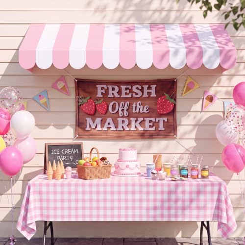 Tallew 3 Pcs Locally Grown Baby Shower Decorations Farmers Market Party Decor with 3D Awning Locally Grown Baby on the Way Sign 54 x 108" Check Tablecloth for First Birthday Farmers Market (Pink) - Image 5