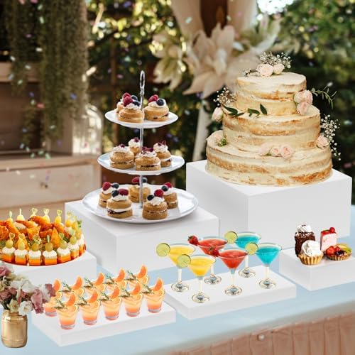 10 Pcs Large Acrylic Buffet Risers, White Food Display Stands for Buffet, Dessert Table, Jewelry, and Catering, Stackable Food Risers with Hollow Bottoms, Nesting Cube Box (12"-11"-10"-9"-8"-7"-6"-5") - Image 2