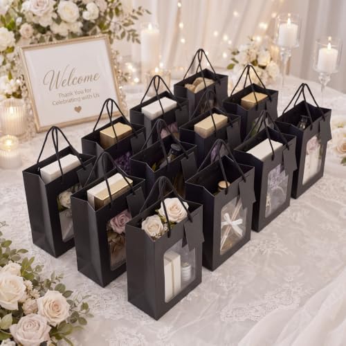 80 Pcs 9.8 x 5.1 x 7.1 in Black Kraft Paper Gift Bags with Window & Handles - Image 6