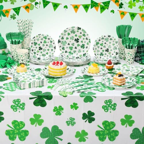 Potchen 452 Pcs Themes Party Supplies Decorations for 50 Guests, Paper Plates Napkins Cups Tablecloth Cutlery Straws for Birthday Baby Shower Party Decorations(White Green,St. Patrick’s Day) - Image 6