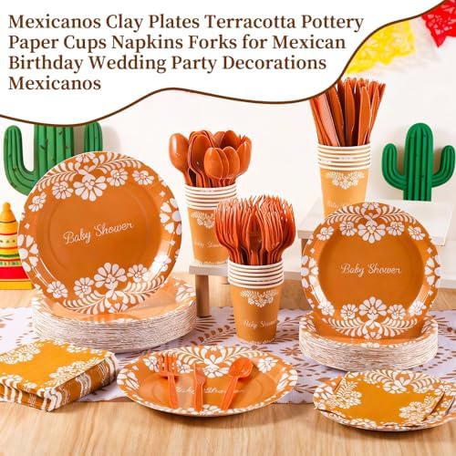 Mimorou 250 Pcs Mexican Baby Shower Supplies Cielito Lindo Decoration Platos De Barro Mexicanos Clay Plates Terracotta Pottery Paper Cups Napkins Forks for Mexican Birthday Wedding Party Decorations - Image 3