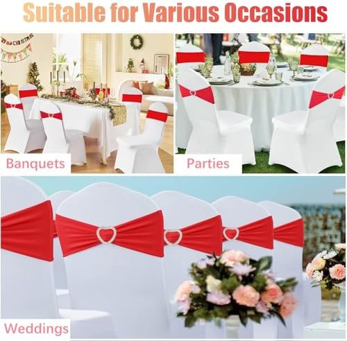 Red Chair Sashes for Wedding 100 Pack Spandex Red Sashes for Chairs Covers Stretch Chair Sahes Band with Heart Buckle Slider Universal Wedding Sashes Bows for Banquet Party Decorations - Image 7