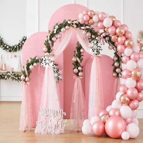 Set of 3 Wedding Arch Backdrop Stand,4+5+6 FT，Small Metal Arch Frame with 3 Pink Backdrop Covers,Easy Setup for Birthday Baby Shower Anniversary Dessert Table Decoration - Image 3