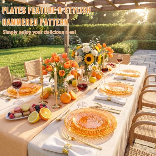 Rubtlamp 60Pcs Orange Plastic Plates, Orange Disposable Plates With Gold Rim, Hammered Plastic Plates Include 30 Dessert Platos, 30 Dinner Platos for Party - Image 5