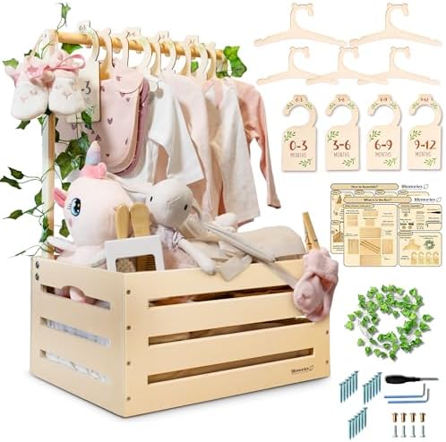 Wooden Baby Shower Crate Closet with Clothes Hangers & Dividers, Large Gift Basket for Boys & Girls, Wood Box Storage & Display with Handles & Ivy Garland, Welcome Gifts for New Parents. by Unknown