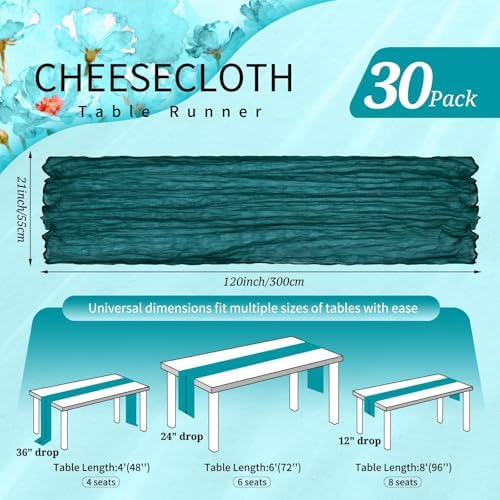 30 Pack Cheesecloth Table Runner 10FT Teal Table Runner Boho Gauze Cheese Cloth Table Runners Long Rustic Sheer Table Decorations for Wedding Party Baby Bridal Shower Birthday Holiday Home - Image 2