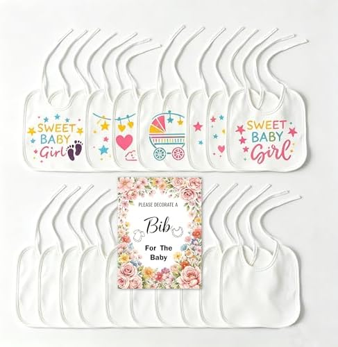 Baby Shower Bib Decorating Kit, 93 Pcs DIY Party Game with 22 White Bibs, 24 Markers, 25 Stencils, Gender Reveal Activity (flower) by MOVEBO