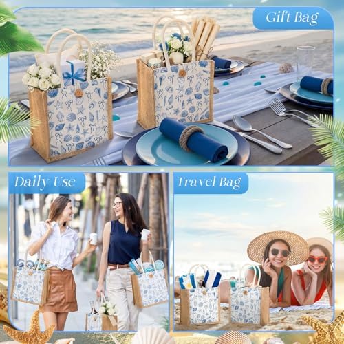 Abbylike 8 Pcs Ocean Seashell Beach Gift Bag Burlap Sea Shell Starfish Bow Party Favor Bags Coastal Reusable Canvas Goodie Candy Tote with Handle for Summer Wedding Sea Baby Shower Birthday Decor - Image 6