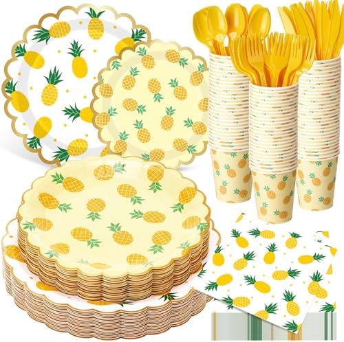 Funnymoom 400 Pcs Pineapple Party Supplies for 50 Guest Summer Fruit Disposable Plates Napkin Cup Spoon Fork Knives for Outdoor Picnic Birthday Baby Bridal Shower Holiday Party Supplies by Funnymoom