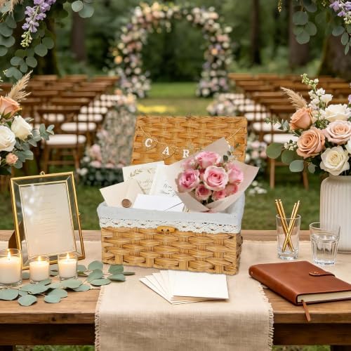Card Box for Wedding Wicker Card Basket for Cards with Letter Flag, Decorative Woven Rattan Gift Card Boxes for Graduation Party Plastic Wedding Card Box for Reception Baby Shower Birthday Prop Decor - Image 5