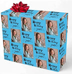 MyPupSocks Personalized Photo Wrapping Paper, Happy Birthday with Name Photo Blue Custom Funny Wrapping Paper Roll for Boys Girls Baby Shower Wedding Anniversary Birthday Gift 58x23 Inch 3 Rolls by MyPupSocks