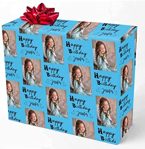 MyPupSocks Personalized Photo Wrapping Paper, Happy Birthday with Name Photo Blue Custom Funny Wrapping Paper Roll for Boys Girls Baby Shower Wedding Anniversary Birthday Gift 58x23 Inch 3 Rolls by MyPupSocks