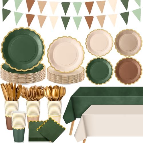 Mimorou 342 Pcs Sage Green and Brown Party Supplies Plates Napkins Cups by Mimorou