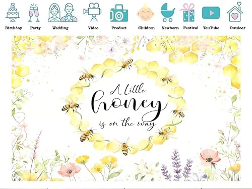 10x8ft Fabric Sweet Honey Bee Baby Shower Backdrop Banner, A Little Honey is on The Way Theme, Floral Honeycomb Design with Yellow and Pink Flowers Gender Reveal Party Decoration - Image 3