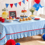 JarThenaAMCS Gingham Ruffle Tablecloth with Red Rick Rack Blue White Plaid Cotton Table Cloth Decorative Rectangle Farmhouse Table Cover for 4th of July Home Kitchen Party Decoration, 55 x 70 Inch - Image 5
