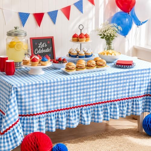 JarThenaAMCS Gingham Ruffle Tablecloth with Red Rick Rack Blue White Plaid Cotton Table Cloth Decorative Rectangle Farmhouse Table Cover for 4th of July Home Kitchen Party Decoration, 55 x 70 Inch - Image 5