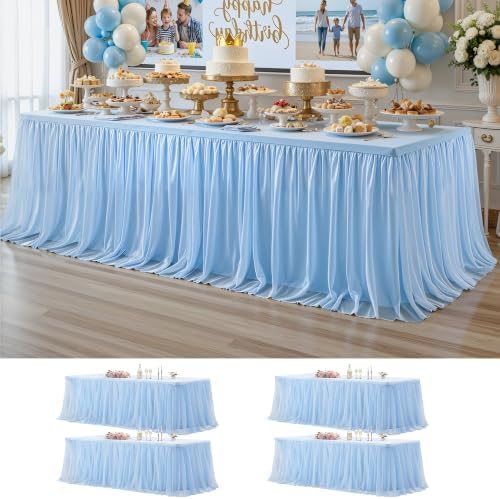 Wish Care 4 Pack Baby Blue Tulle Table Cloth for 8 Foot Rectangle Tables Wrinkle Free Stretch 8ft Light Blue Tablecloths Tutu Skirt Ruffle Fitted Table Cover for Birthday Baby Shower Party Tablecloth by WishCare
