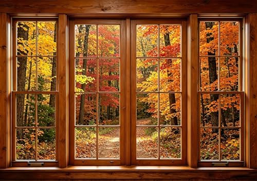 Fall Wooden Window Backdrop, Autumn Forest Scenery Background, 10x6.5FT - Image 2