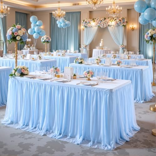 2 Pack Baby Blue Tablecloths for Rectangle Tables Ruffle Tulle Tablecloth Light Blue Table Cloth Rectangle 6ft Stretch Spandex Table Cover for Baby Shower Boy Birthday Party Banquet Desk Table Skirt - Image 6