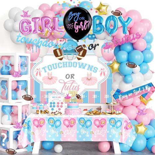 172 PCs Touchdowns or Tutus Gender Reveal Decorations, Hombae Boy or Girl Gender Reveal Decorations Backdrop Balloon Garland Banner Tablecloth Cake Cupcake Topper Boxes Cutout Poster Sash Pink Blue by Hombae
