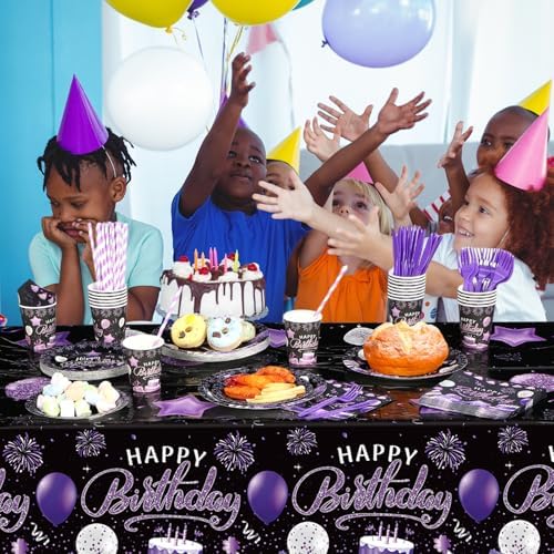 Norme 176 Pcs Purple and Black Birthday Tableware Set Birthday Decoration Includes Tablecloth Paper Plates Napkins Paper Cups Forks Knifes and Straws for 25 Guests Party Supplies (Modern) - Image 5