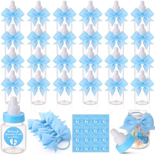 Teenyyou 48 Sets 3.5 Inch Blue Mini Baby Bottles for Baby Shower Party Favor Game Plastic Milk Bottles with Thank You Showering Stickers and Bows Thank You Gifts for Guests Candy Decor by Teenyyou