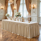 14ft Length Champagne Gold Satin Table Skirt for Rectangle Tables, Wrinkle Resistant Pleated Ruffle Table Cloth Glitter Desk Skirting for Weddings Banquet Birthday Party Stage Decorations - Image 6