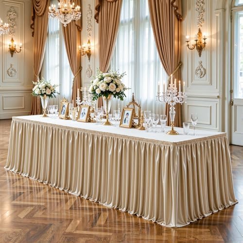 14ft Length Champagne Gold Satin Table Skirt for Rectangle Tables, Wrinkle Resistant Pleated Ruffle Table Cloth Glitter Desk Skirting for Weddings Banquet Birthday Party Stage Decorations - Image 6